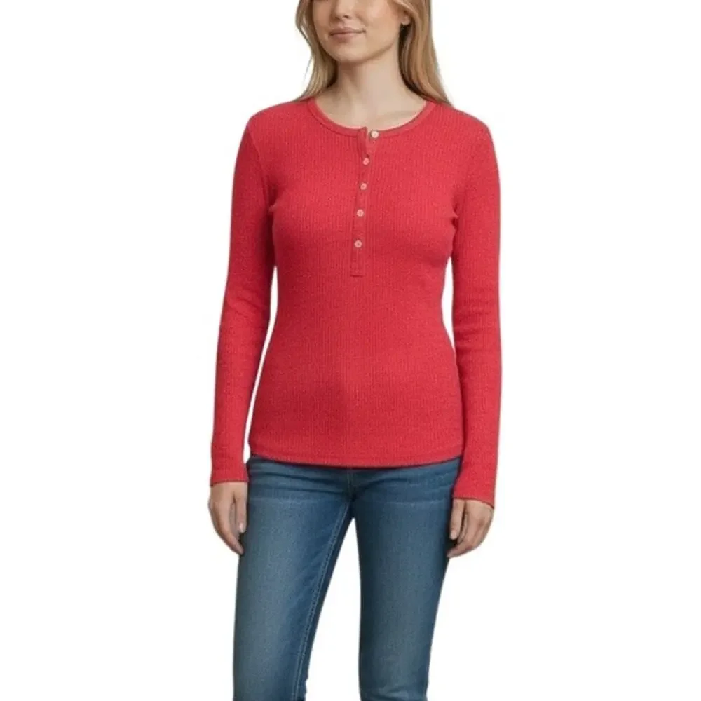 Rag & Bone Pink Marled Red The Knit Ribbed Henley Long Sleeve Top